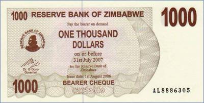 Зимбабве 1000 долларов  2006 Pick# 44