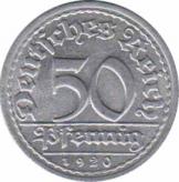  Германия - Веймарская Республика  50 пфеннингов 1920-D [KM# 27] 