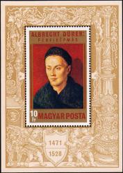 Рисунок марки в блоке: А. Дюрер. «Мужской портрет» (ок. 1510 г., Музей изобразительный искусств, Будапешт). На полях блока - орнамент по мотивам гравюр А. Дюрера и годы его жизни