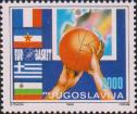 Руки с баскетбольным мячем. Карта Европы. Флаги  Франции, Югославии, Греции и Болгарии