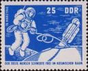 А. А. Леонов в открытом космосе. Текст:  «Первый человек свободно парил в космическом пространстве, 18 марта 1965»