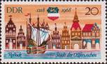 Исторические здания города (по рисунку-панораме В. Шорлера). Военно-торговое судно Ганзы. Старинный герб Ростока
