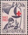Медсестра и ребенок. Юбилейная эмблема Международного Красного Креста и памятные даты «1863-1963». Текст на латинском языке: «Через гуманность - к миру»