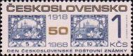 50-летие почтовой марки Чехословакии. Два экземпляра выпущенной в 1918 г. первой марки