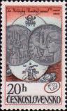 Юбилейные серебряные монеты достоиснством 10 крон (1964 г.) в честь 20-й годовщины Словацкого восстания и в 25 крон (1965 г.) - в честь освобождения Чехословакии. Старинный пресс для чеканки монет (1328 г.)