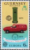 Старинный почтовый ящик и штемпель (1853 г.), почтовый автомобиль и штемпель (1979 г.)