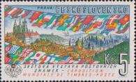 Панорама Праги с Градчанами, Малой Стороной и Старым Местом. Государственные флаги стран - участниц выставки и почтовые марки