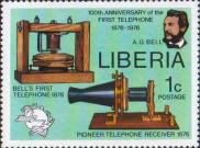 Портрет Александера Грейама Белла (1847-1922), одного из изобретателей телефона, и модель первого телефонного аппарата