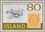 Почтовый самолет. Почтовая марка Исландии 1873 года