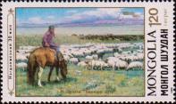 Овцы, девушка-пастух на лошади